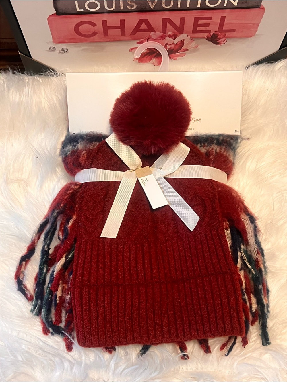 Natural Reflections Red Pom Pom Cuff Hat & Multicolored Fringe Scarf Set - Picture 3 of 9